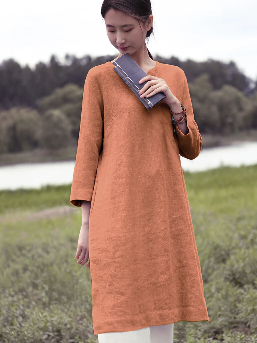 

Retro Chinese Style Asymmetrical Shirt Collar Cotton Linen Women's Midi Dress Comfortable Seven Sleeve V Neck Daily Wear
