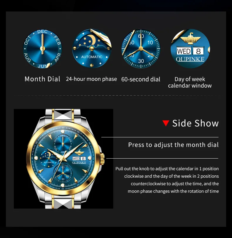OUPINKE 3299 Moon Phase Automatic Man Watch Waterproof Dual Calendar Chronograph Luxury Original Brand Mechanical Men's Watches