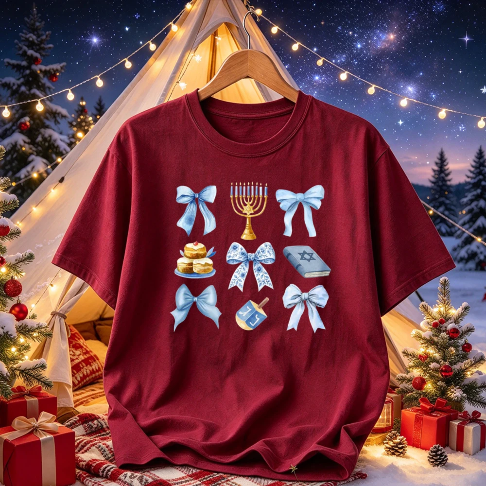 Coquette Hanukkah Blue Bows Menorah Dreidel Pastry Torah Book Graphic Cute Aesthetic Jewish Festival of Lights Holiday T-Shirt