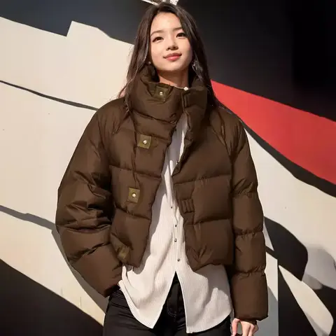 여성용 두꺼운 스탠드 칼라 패딩 코트, 한국 버전, 루즈 캐주얼, 따뜻한 빵 면 패딩 재킷, 단색, 겨울 신상