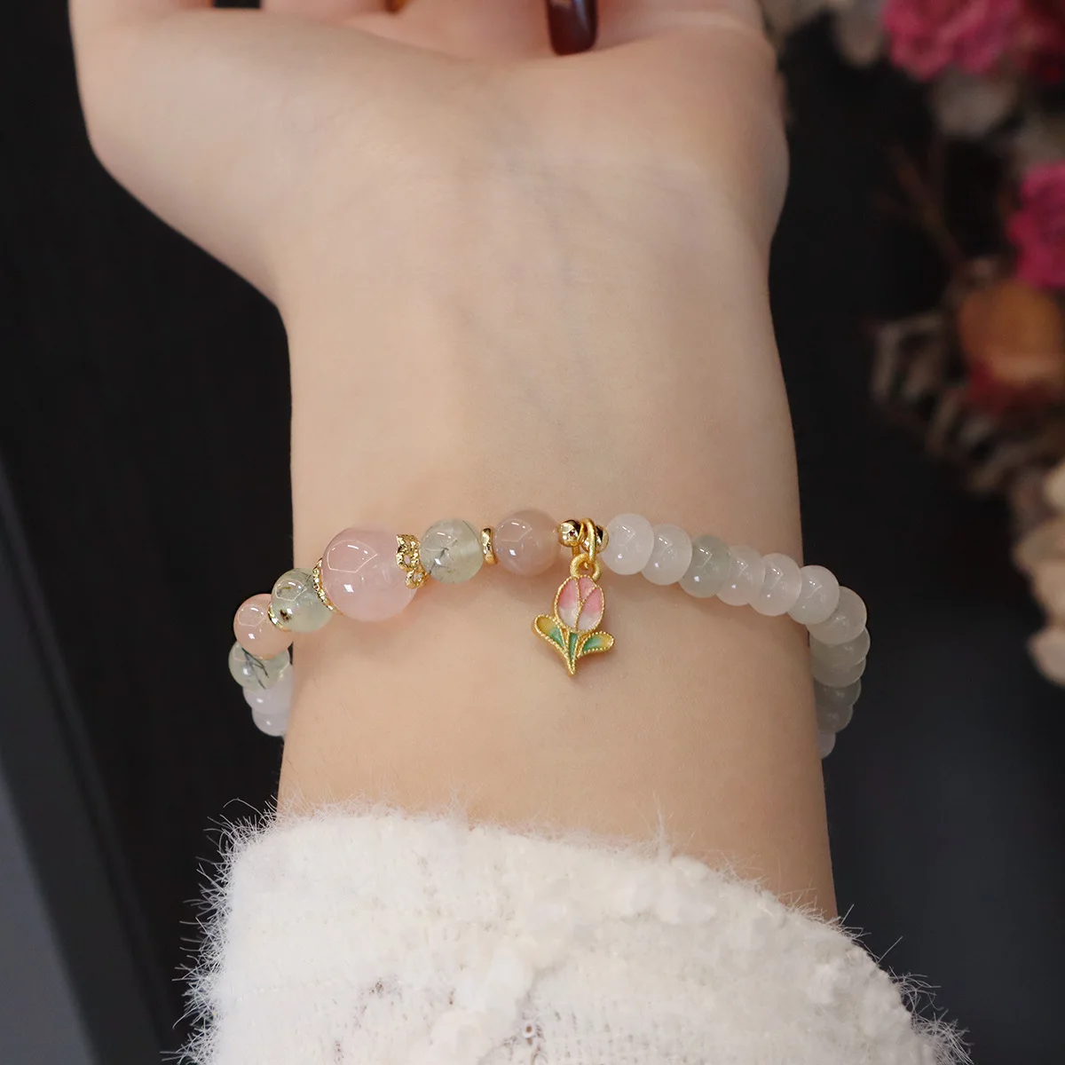 Natural Tianshan Jade Abacus Beads Rose Quartz Beaded Strand Stretch Bracelet for Women Cute Flower Pendant Handmade Jewelry