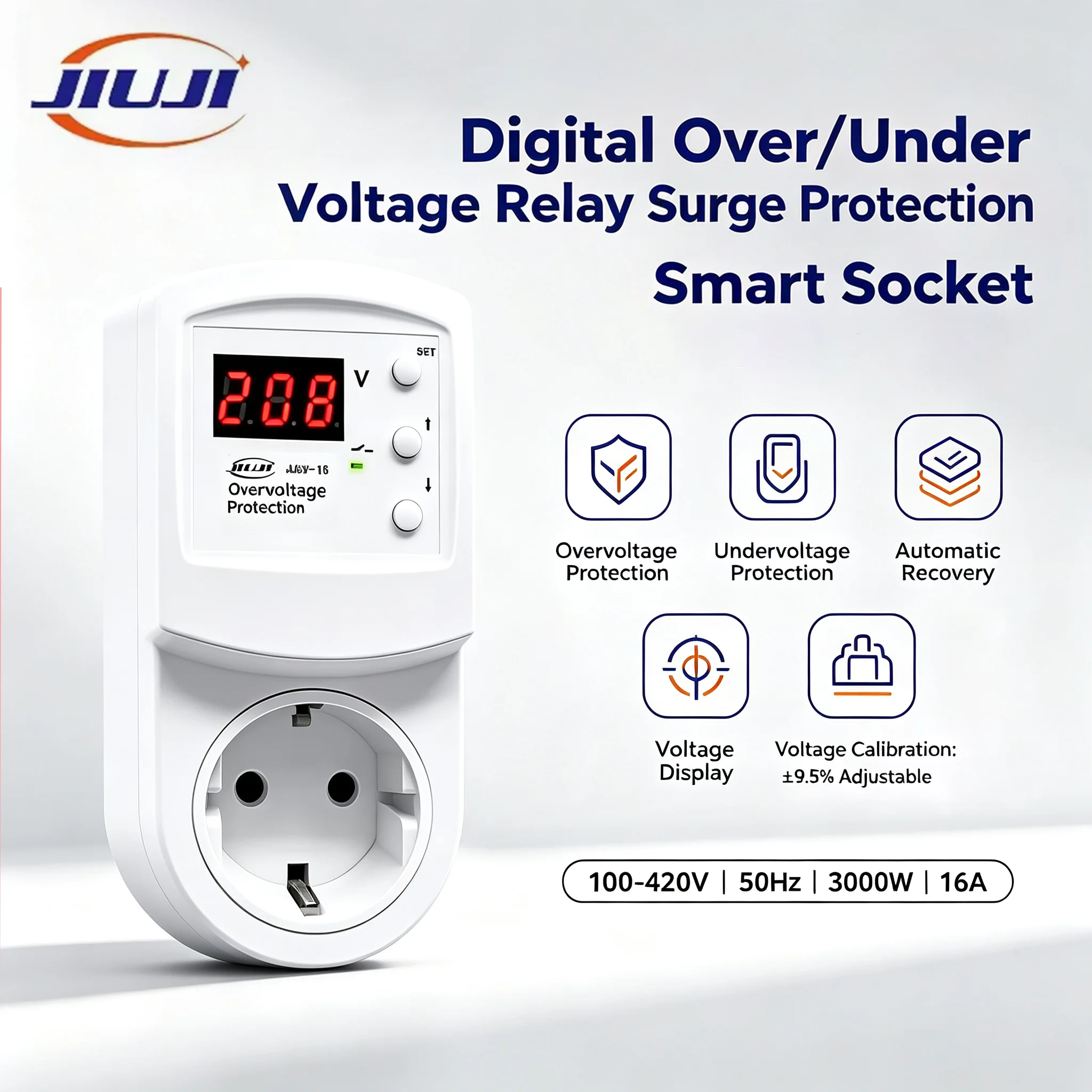 JIUJI JJSV-16 Automatic Voltage Protector Socket – AC 220–230V, 16A, EU Plug, Overvoltage & Undervoltage Protection