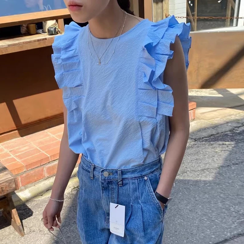 

Anti-Aging Wooden Ruffle Sve irt Women's Summer Design Texture Loose Slimming Top Commute Sle round Ne ort Sl...