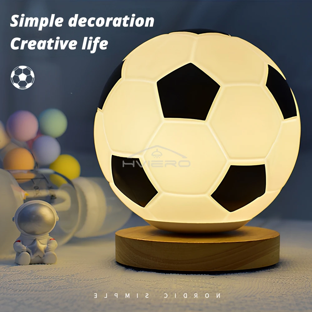 Usb candeeiro de mesa madeira vidro quarto decoração estudo lâmpadas luz base madeira tema futebol borracha macia decoração escritório em casa presentes
