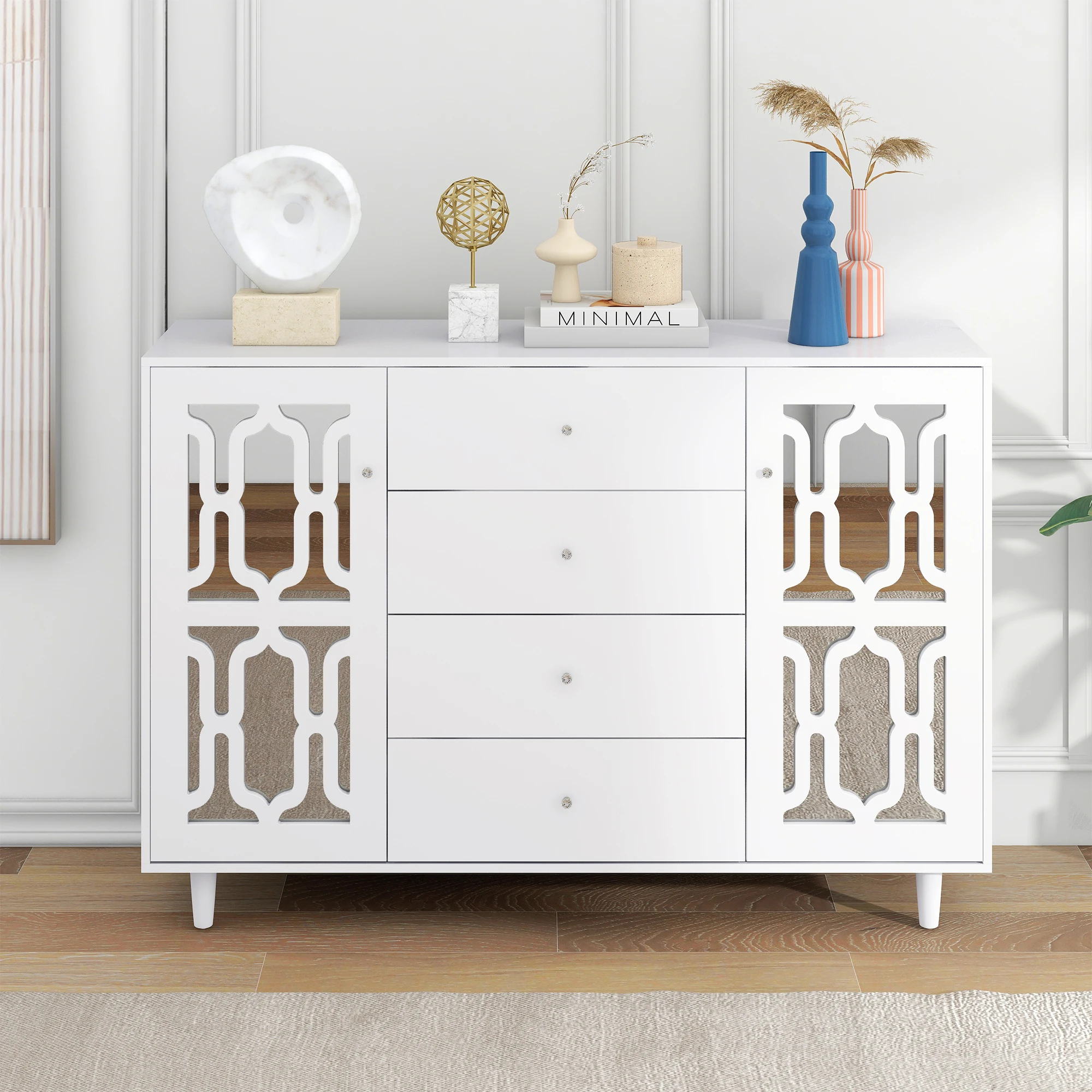 VSOGA White Mirrored Sideboard With Cool Crystal Handles， For Living And Dining Room， 147，5 X 40 X 102cm