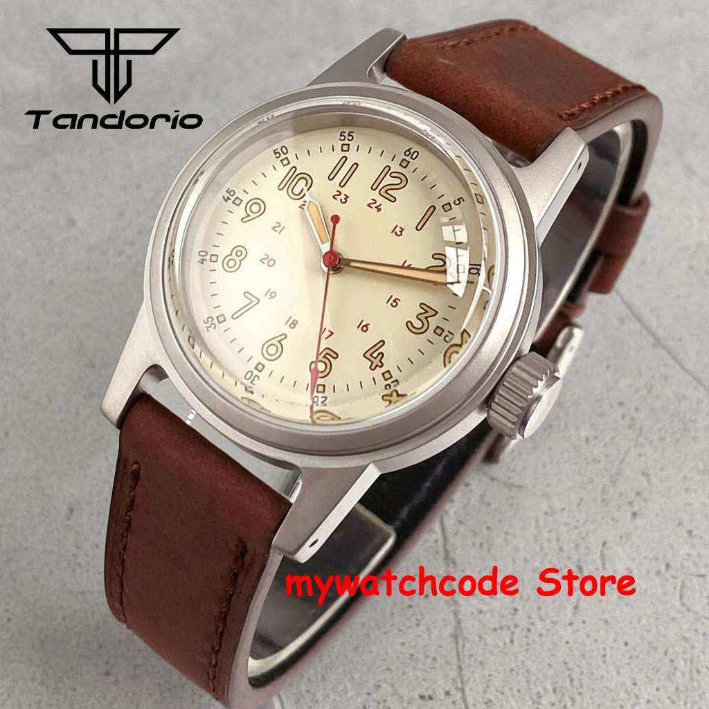 Tandorio Japan NH35A/PT5000/Miyota8215 Movt 36mm Military Mechanical Domed Sapphire Watch Men Arched Red Arrow Vintage Clock