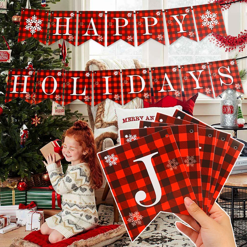 1Set Christmas Red and Black Plaid Banners Cardboard Elk Alphabet Pull Banners Xmas Tree Home Party DIY Crafts Decoration Supply