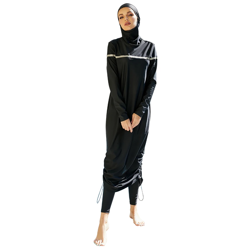 Black Modest Burkini Femme Muslim Swimwear Women 2025 Long Sleeve Swimsuit Islamic Swimming Suit Long Dress Stripes Leg Lace Up