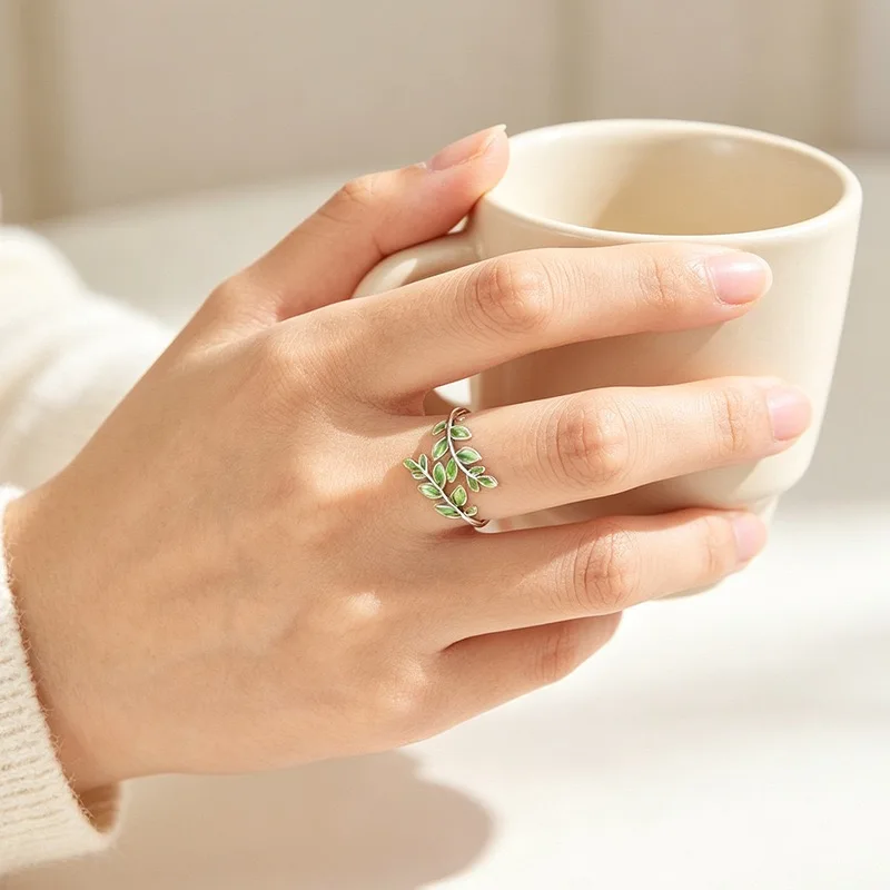 BF CLUB 925 Sterling Silber Ring für Damen, Schmuck, grüne Blattform, offener Vintage-Handarbeit-Ring, allergiefrei, für Party, Geburtstagsgeschenk – Detail 5