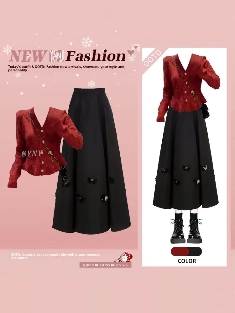 Retro Hong Kong Sle Strickjacke Bla High Waist Midirock Winter Faion Set V-Ne Long Sve Damen Ensemble