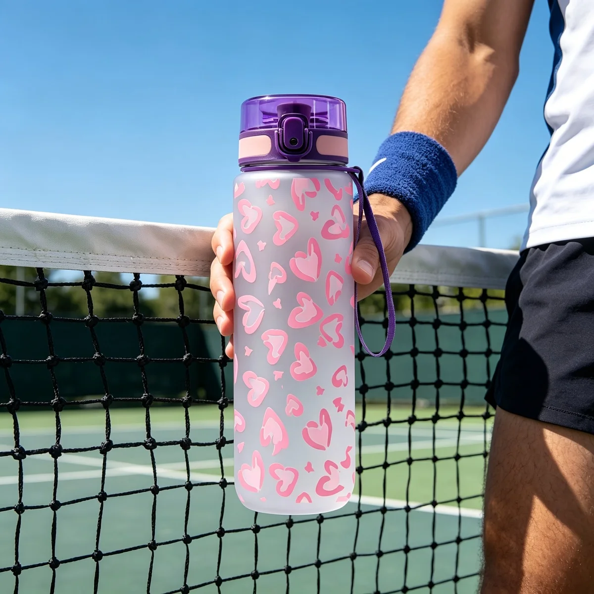 Botella de agua con estampado de corazón de 750ml, botella deportiva con tapa abatible a prueba de fugas con cordón, taza portátil para beber en el gimnasio y viajar para mujeres Gi, 1 ud.