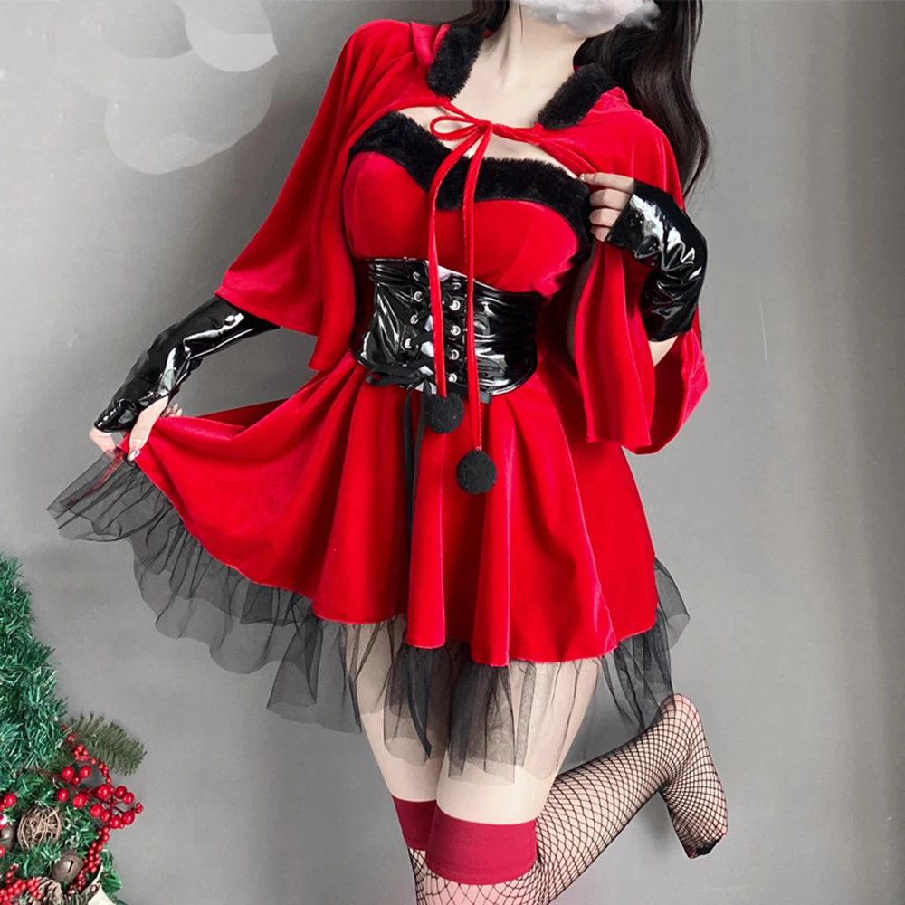 Halloween Demon Cosplay Costume Women Girls Christmas Party Suit Mrs Santa Claus Dress With Hooded Cloak Xmas Outfit Club Dress