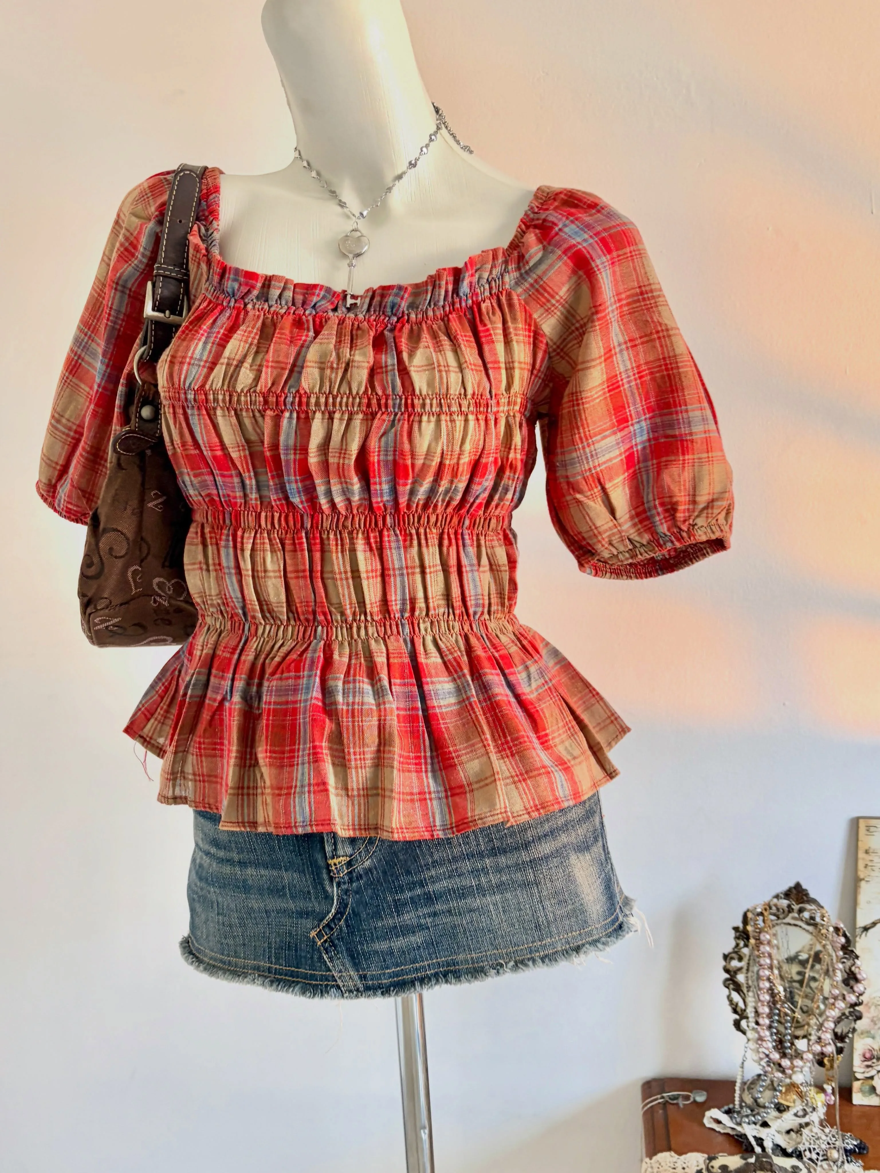 Vintage Y2K Women Plaid Crop Top Square Neck Puff Sleeve Smocked Ruffle Hem Blouse Coquette Style Shirts For Wholesale