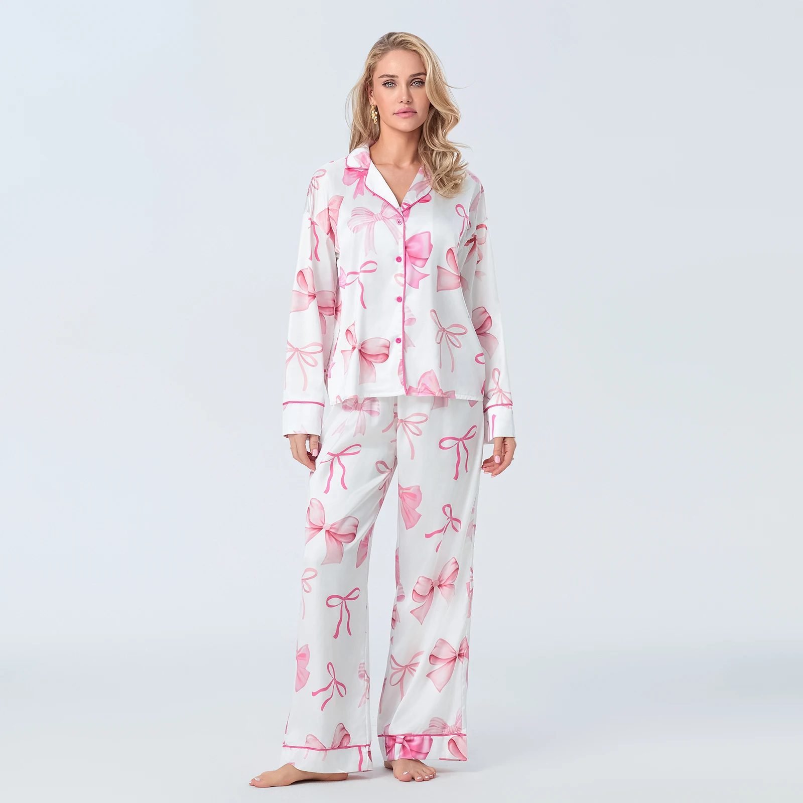 Combhasaki Womens 2Piece Fall Bow All-over Print Loungewear Pjs Set Long Sleeve Lapel Collar Button Shirt +Pants Satin Sleepwear