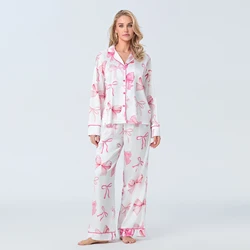 Combhasaki Womens 2Piece Fall Bow All-over Print Loungewear Pjs Set Long Sleeve Lapel Collar Button Shirt +Pants Satin Sleepwear