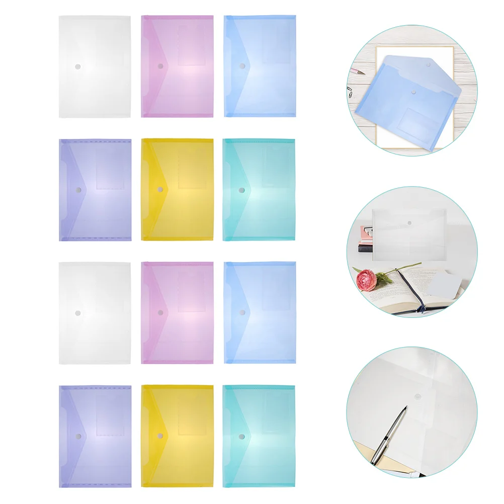 12 Pcs A5 Transparent File Bag 4 Color Button Document Folder Clasp Design Practical Storage Pouch Use