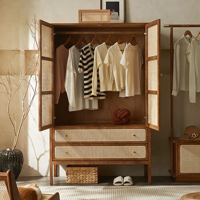 Clothes Storage Cabinet Armoire Rattan Bedroom Cabinets Living Room Double Wardrobe Multifunction Home Wooden Furniture