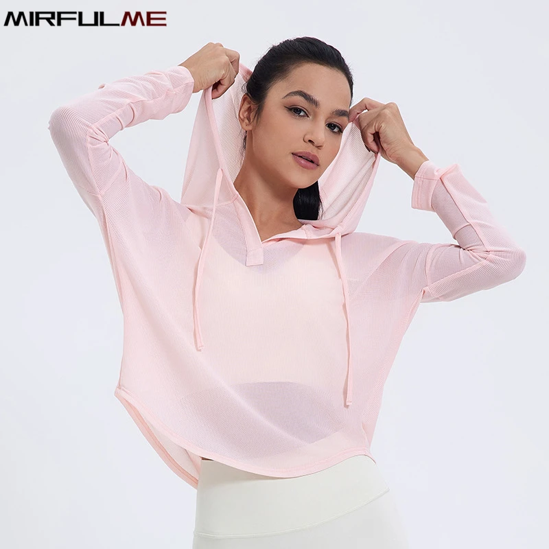 Women Sport Hoodies Loose Thin Breathable Yoga Shirts Long Sleeves Running Sweatshirts Back Hollow Out Gym Fitness Hooded Tops