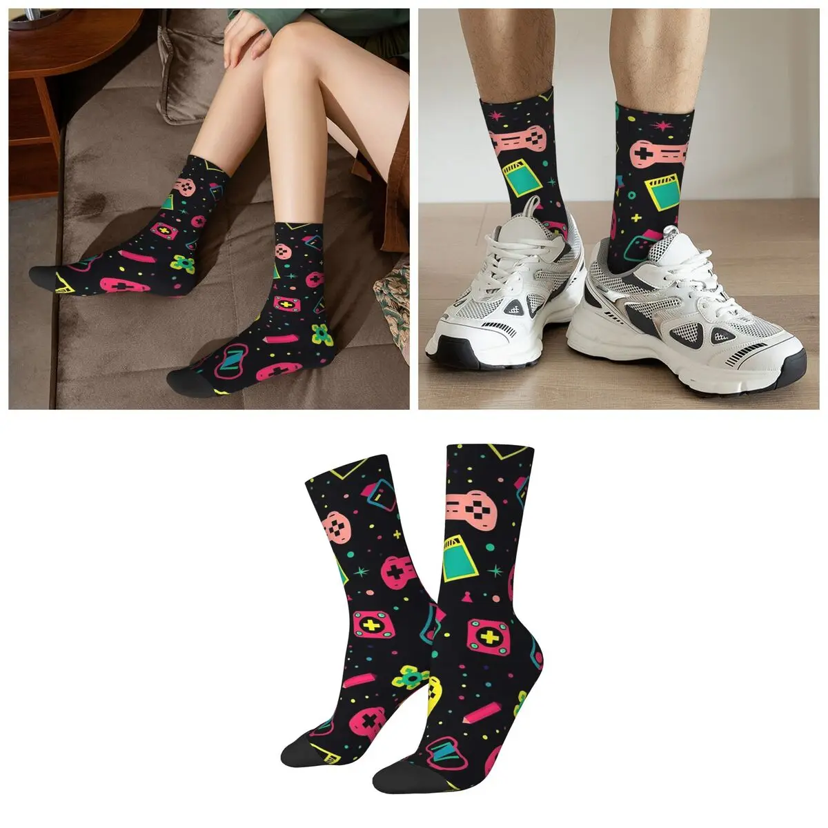 Gaming Machine Neon Colorful Pattern Socks Harajuku Super Soft Stockings All Season Long Socks for Unisex Valentine's Day Gifts