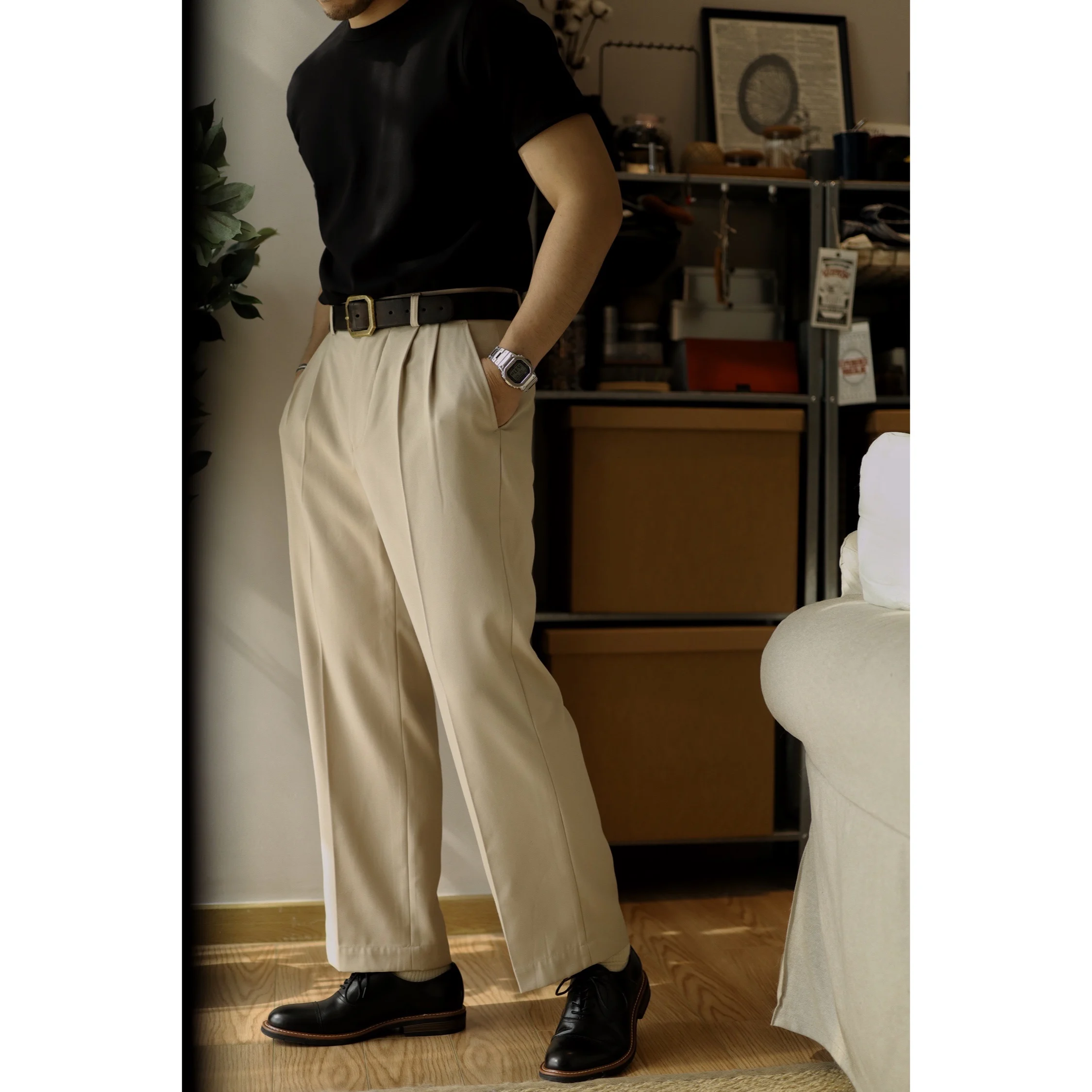 Men\'s Vintage Pants High-Waisted Loose Straight Wide Side Pocket Suit Trousers Casual Smart Business Classic Elegant Slacks