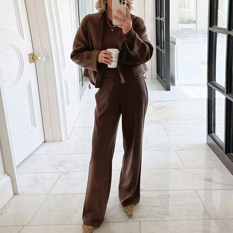 أزياء بسيطة الصلبة معطف الصوف الناعم امرأة التلبيب الياقة المفتوحة غرزة سترة أعلى الخريف الشتاء طويلة الأكمام جيب سترة ملابس خارجية