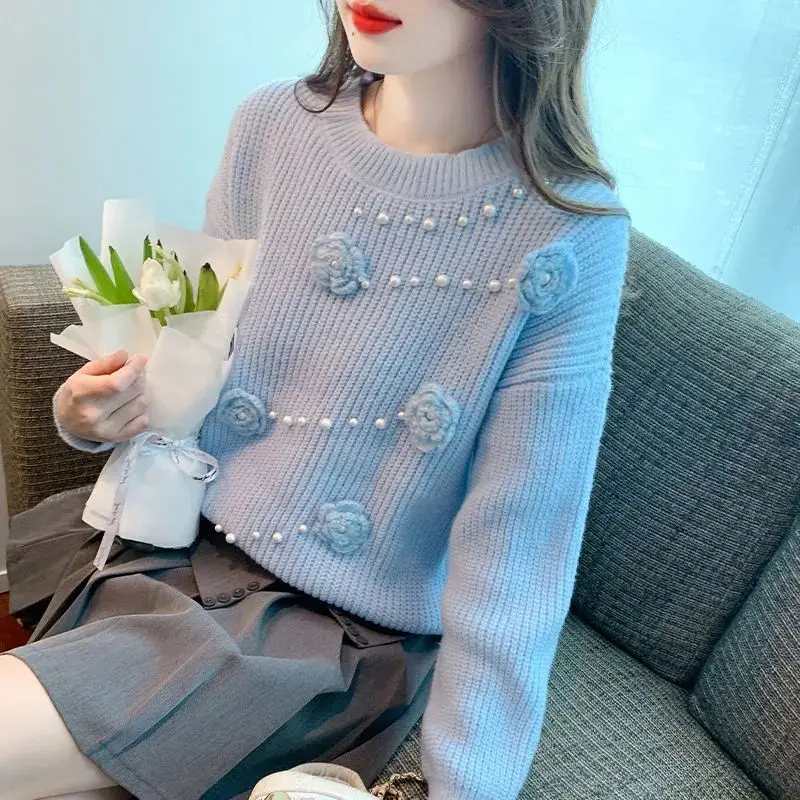 

Round O Neck Ladies Pullovers Beading Casual on Promotion Fall Basic Long Sleeve Y2k Vintage Top Warm Blue Women's Knit Sweater