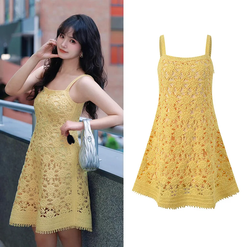 

Лето 2023, новинка, трикотажная тема Sle Vaion, ажурный крючок для похудения, тканый ремень с цветком, облегающий трикотаж Dr