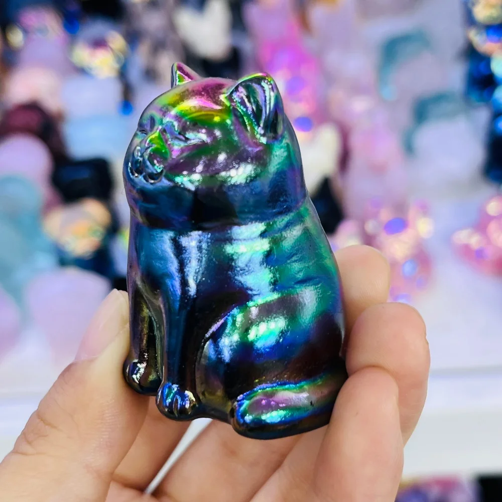 Natural Aurora Quartz Cat Carving Crystal Reiki Healing Figurine Trinket Craft Gift Home Decoration 1pcs