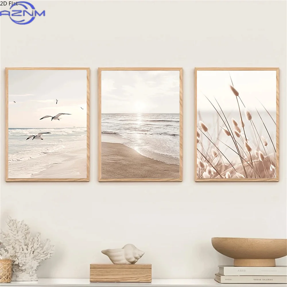 3pcs Beach Scenery Canvas Wall Art Prints | Modern Paintings in Beige Grass, White Sand, and Seagulls for Home Decor in Living R