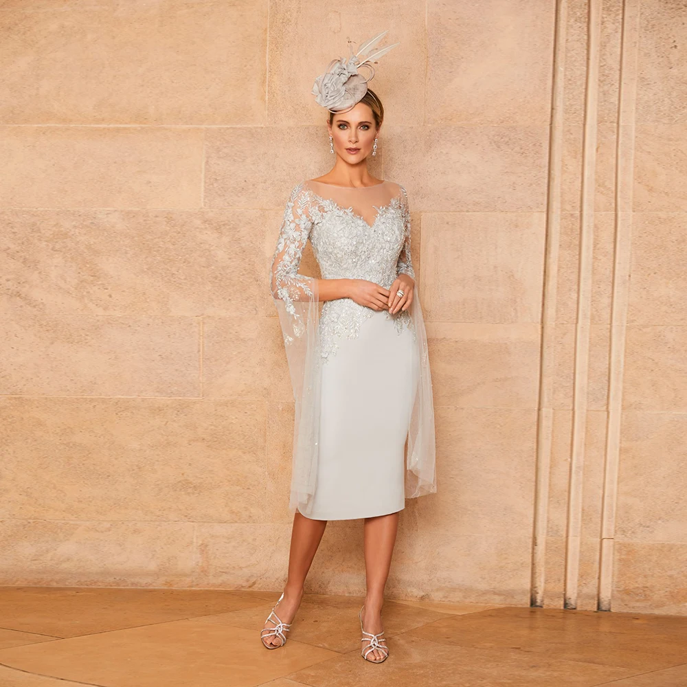 Elegant Light Gray 2022 Mother Of The Bride Dresses Tulle Boat Neck Lace Appliques Full Sleeve Straight Wedding Guest Dress