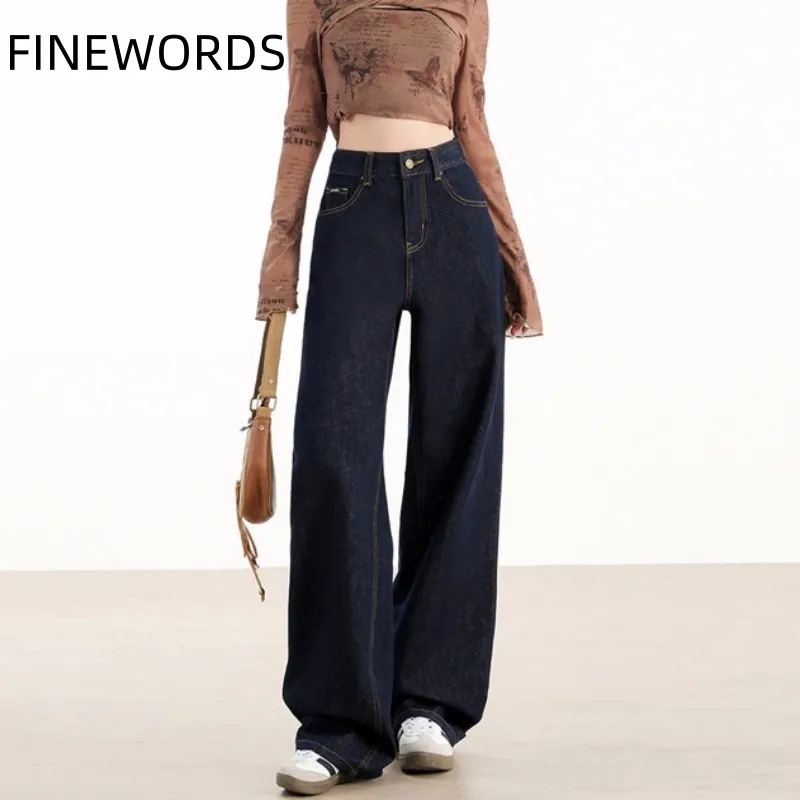 

FINEWORDS Vintage Wide Leg Jeans Women High Waist Baggy Jeans Korean Casual Streetwear Full Length Harajuku Blue Denim Pants