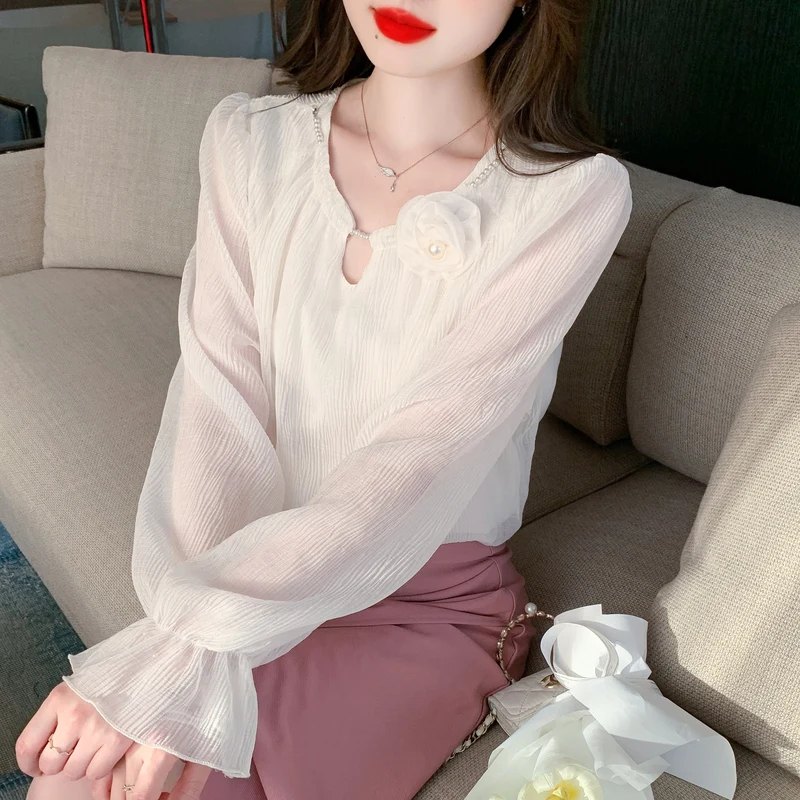 

Spring 2026 Women's Chiffon irt Long Sve Sweet Pure Color 3D Flower Base Layer Top Ele Versatile Fem Faion