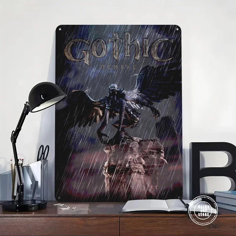 Gothic Remake: Winged Creature in Rain Personalized 3D Textured Metal Poster Wall Art Tinplate Sign for Gaming Room Decoration