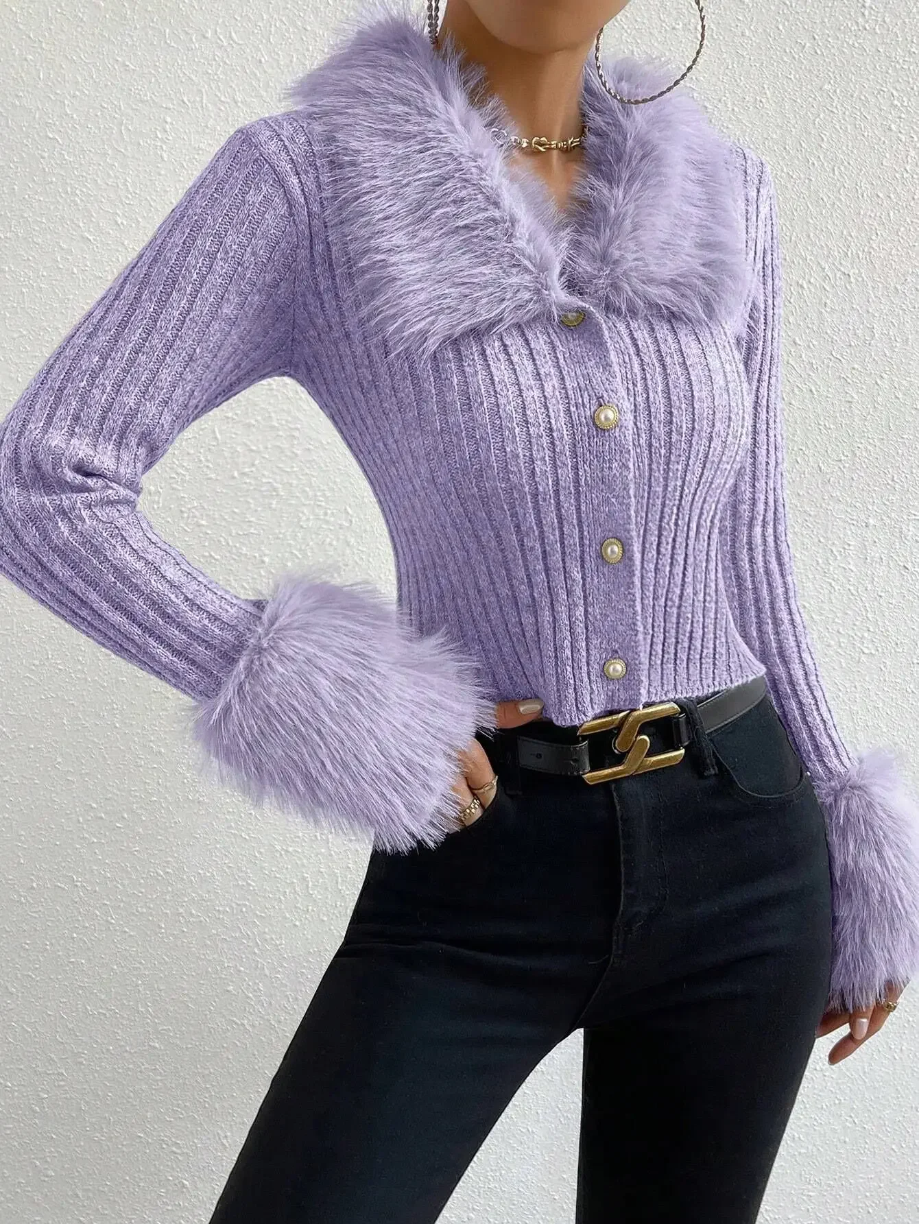 

High-end Autumn Fur Collar V-Neck Spliced Rib Knitted Cardigan Crop Sweater Woman Hairy Sleeve Slim Fit Short Knitwear JJ1027