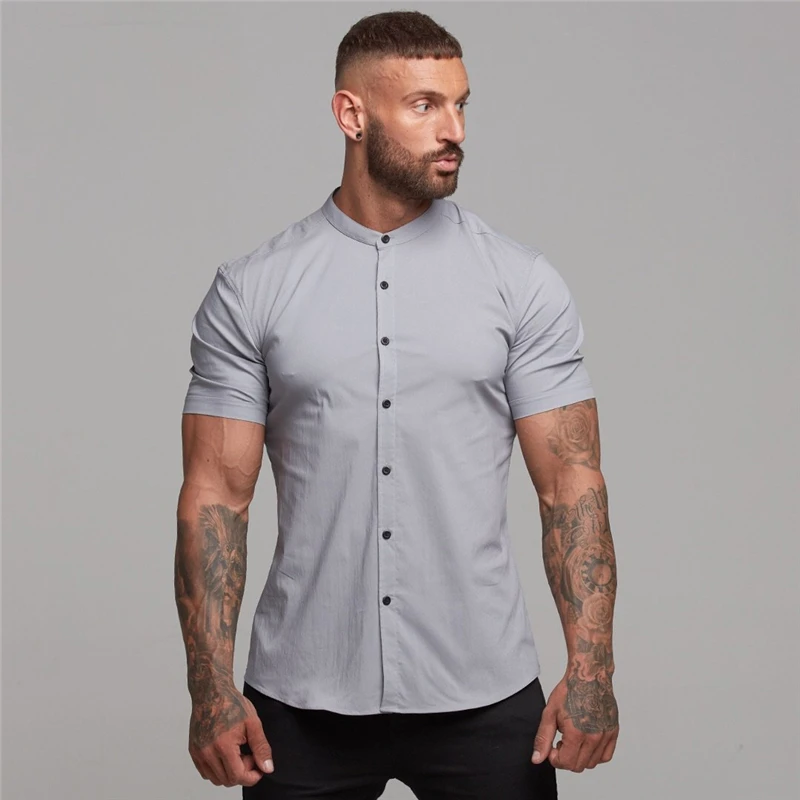 

Mens Casual Broadcloth Shirt Summer Slim Fit Short Sleeve Plain Dress Shirt for Gym Business Social