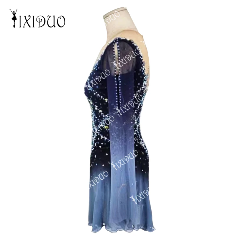 Shiny Professional Ice Figure Skating Dress for Women Girls Dance Costume Blue Gradient Long Sleeve Competition Skating Skirt