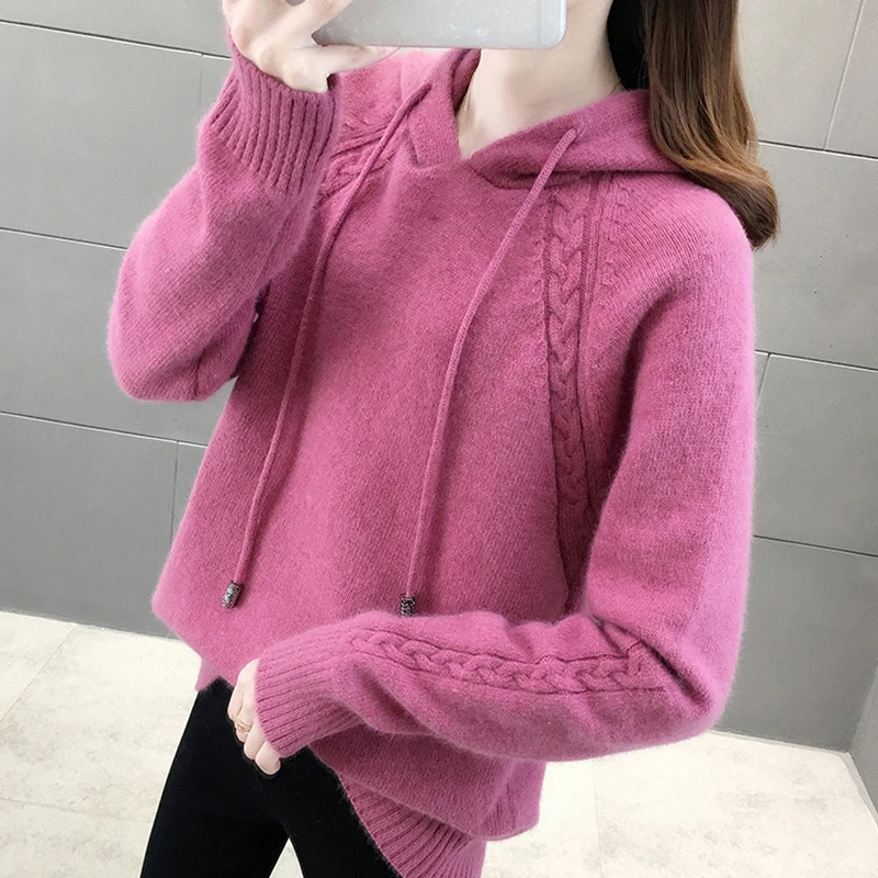 

Women Korean Fashion Loose Sweater Coat Autumn Knitted Hoodie Pullover Ladies Hooded Sweater Lace Up Jacket