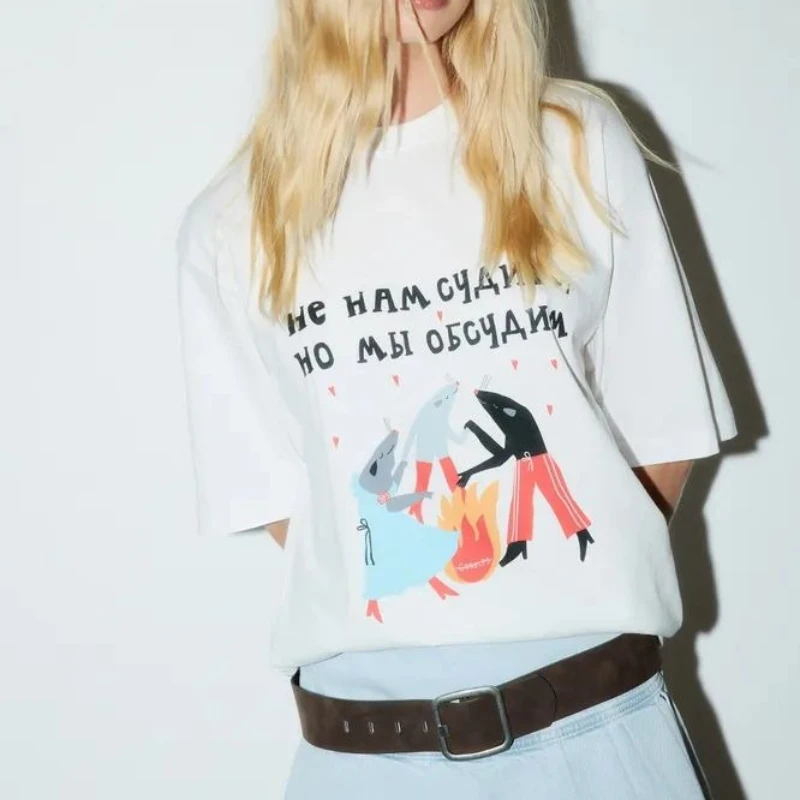 Y2K مريحة القطن لطيف ماوس كاريكاتير الجرافيك المحملة الهيب هوب مضحك كبيرة الحجم تي شيرت الأزواج عادية فضفاض الرجال النساء الروسية