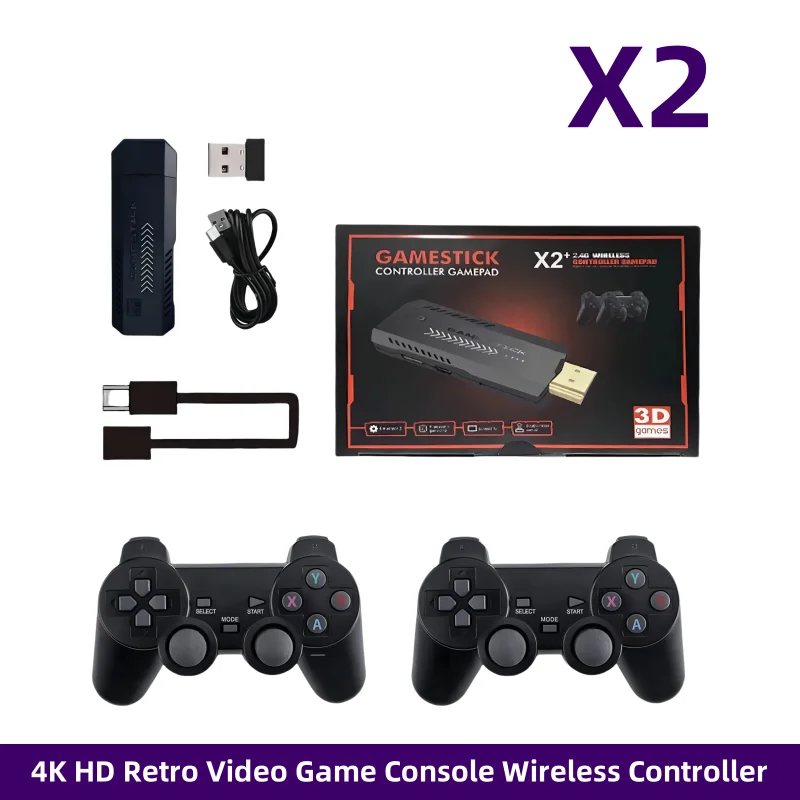 

BOYHOM X2 Plus Game Stick 4K HD Video Game Console 2.4G Double Wireless Controller Game Stick For N64/PSP/PS1/GBA