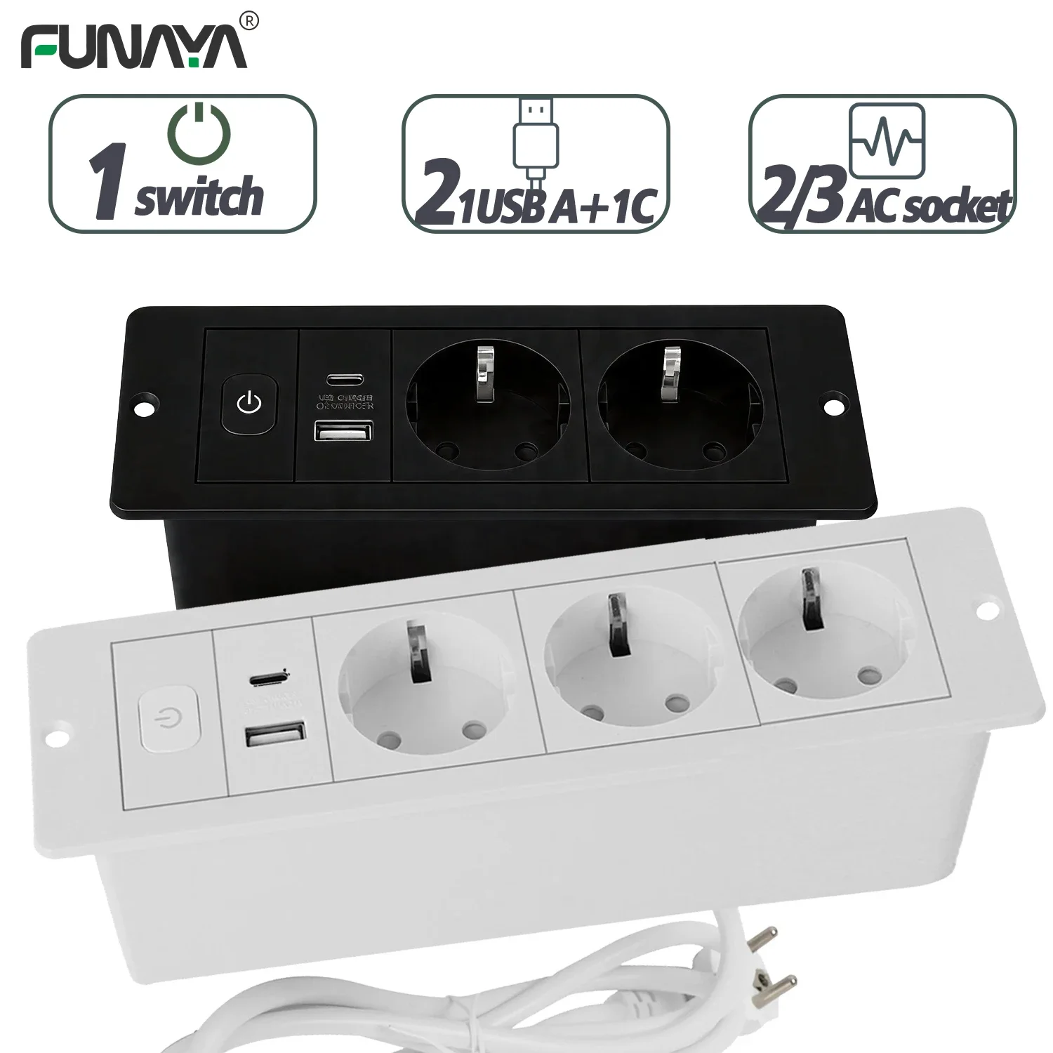 FUNAYA Built-in Furniture Sockets EU KR Plug with USB A C Hidden Desktop Recessed Extension Countertop 2/3 Outlets with Switch