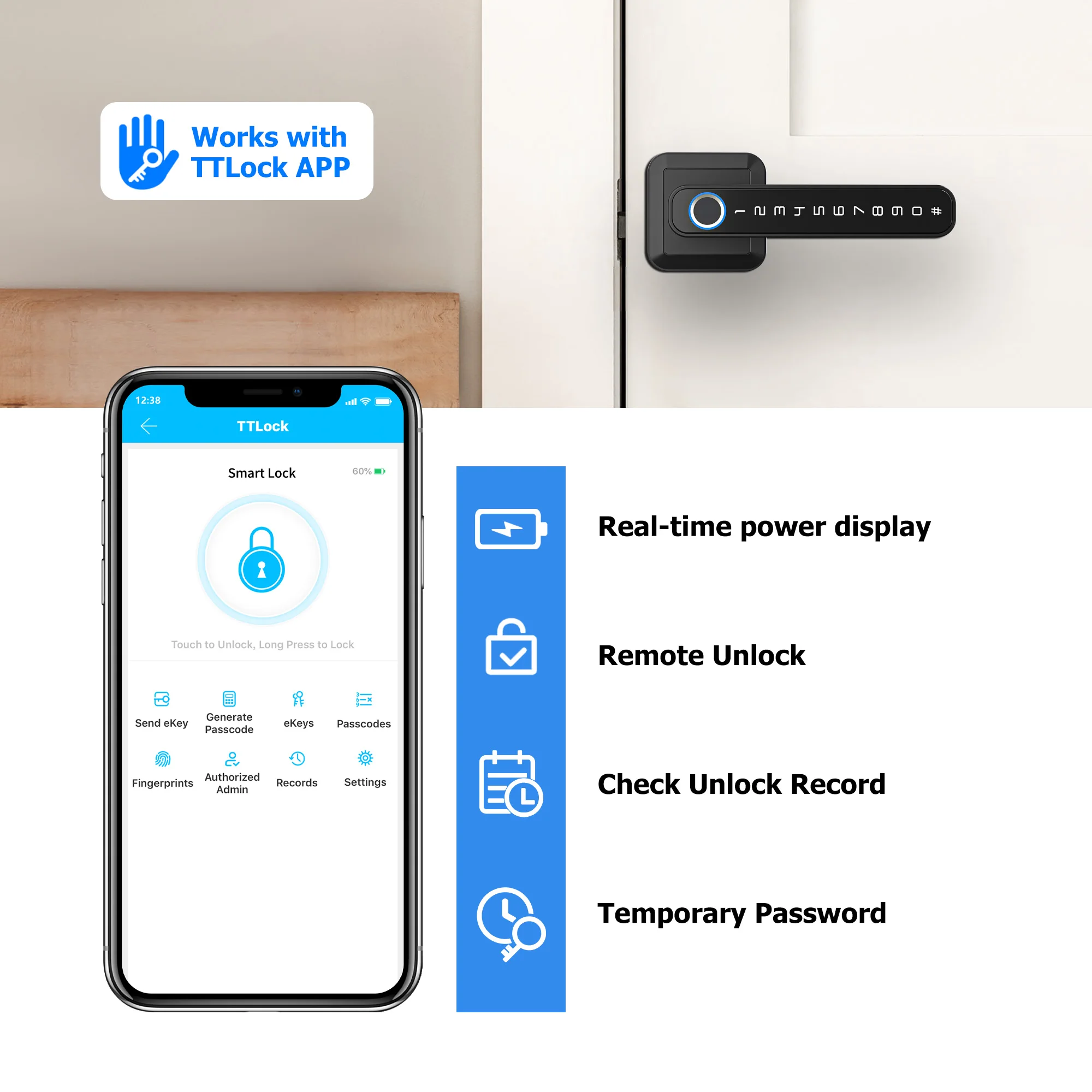 Automatyczna blokada wejściowa z aplikacją ttlock Zdalne sterowanie Inteligentny zamek Zatrzask Hasło z czytnikiem linii papilarnych Domowy drewniany zamek do drzwi Uchwyt do domu biurowego
