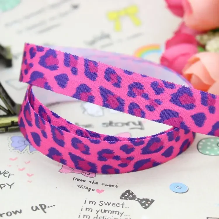 DHK 5/8 inch 5yards Fold Over Elastic FOE leopard   printed ribbon headband diy decoration OEM Wholesale C431