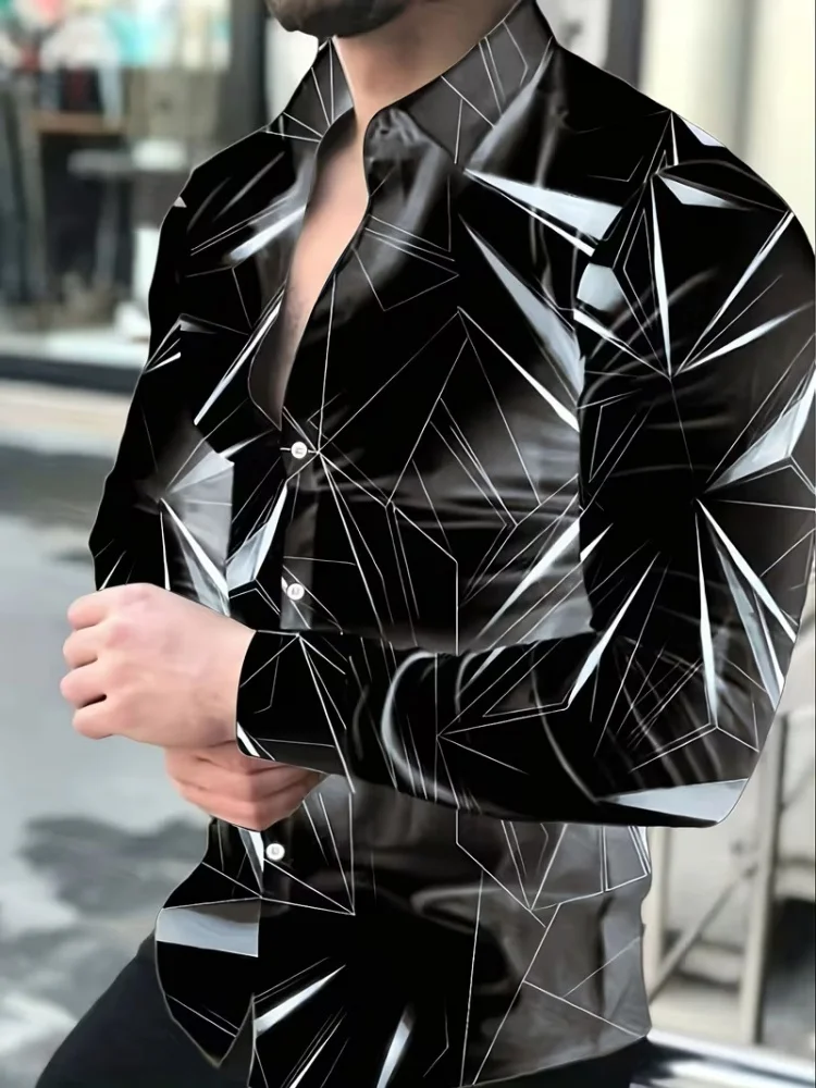 Fashionable men's long sleeved shirt with angular fragments, geometric lines printed top, street style versatile casual shirt
