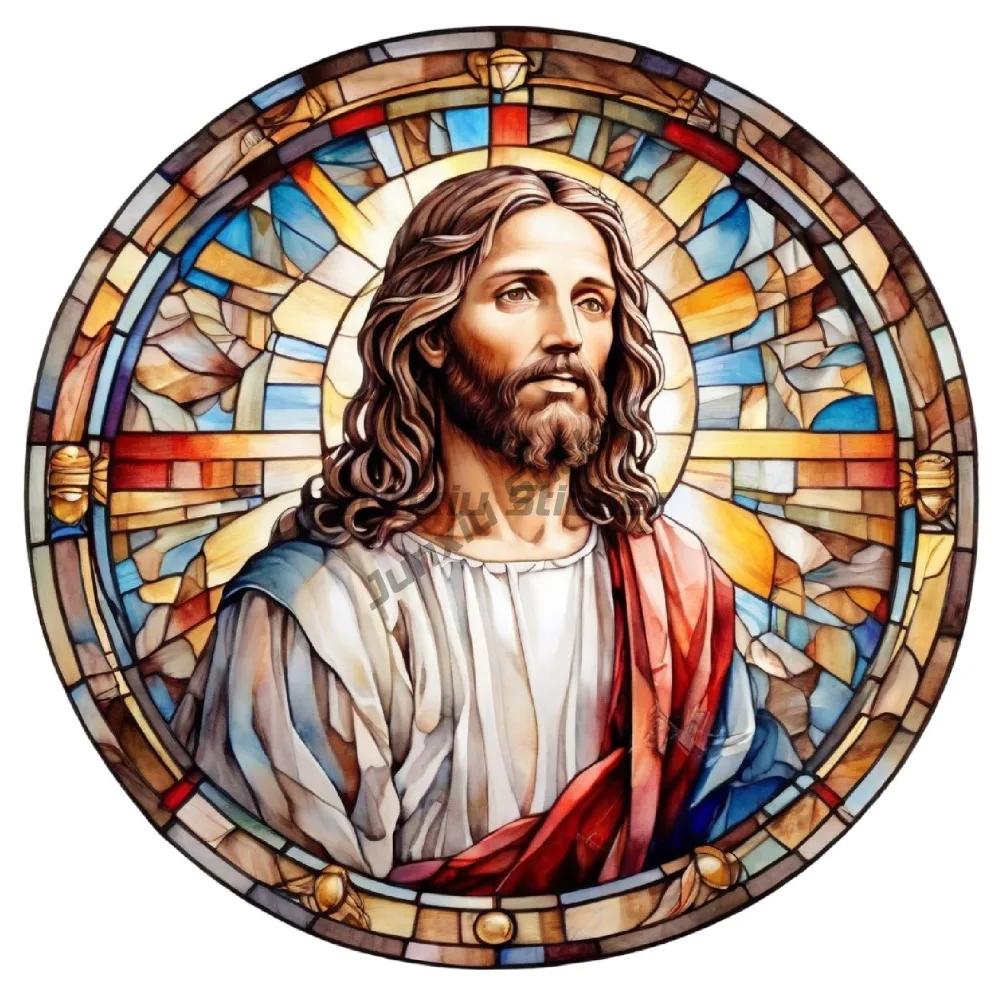 

Jesus Round Sticker Colorful Stained Glass Style Vivid Bible Christian Son Bumper Decals Scratch-proof Exterior Accessorie