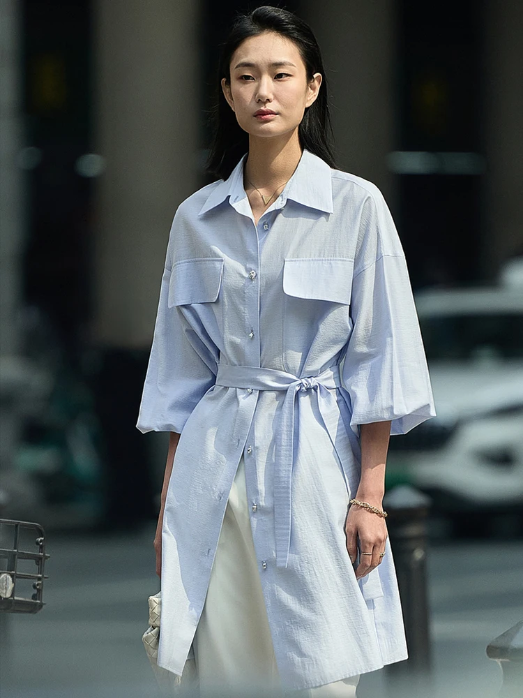 AMII Minimalism Shirts & Blouses for Women 2023 Spring New Black Long Shirt Turndown Collar Long Sleeves Office Lady 72341045
