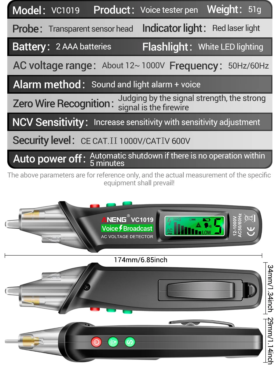 ANENG VC1019 Berührungsloser Spannungsprüfer mit Sprachausgabe 12-1000V AC Neutralleiter- und Spannungsleiter-Detektor mit Ton- und Lichtalarm sowie LED-Taschenlampe – Detail 11