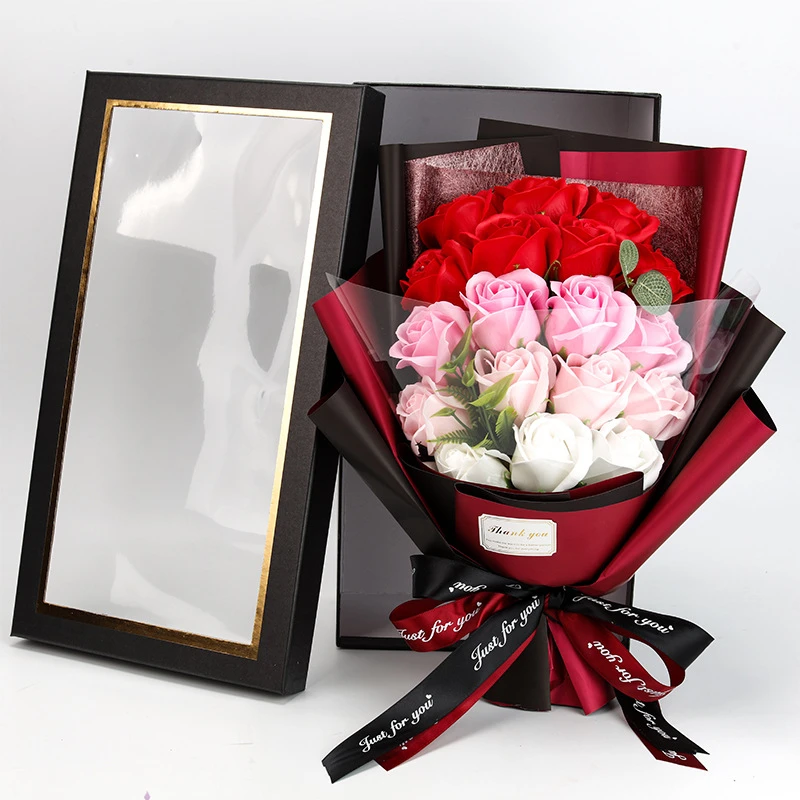 Künstliche Seifenblume, Rosenstrauß, Geschenktüten, Valentinstag, Geburtstag, Geschenk, Hochzeit, Heimdekoration, 18-Rosen-Seifenstrauß, Geschenkbox – Detail 3