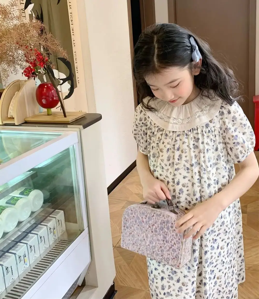 

baby girl clothes girls dresses French pastoral style Vintage printed dress Summer dress Lace collar short sleeved dress