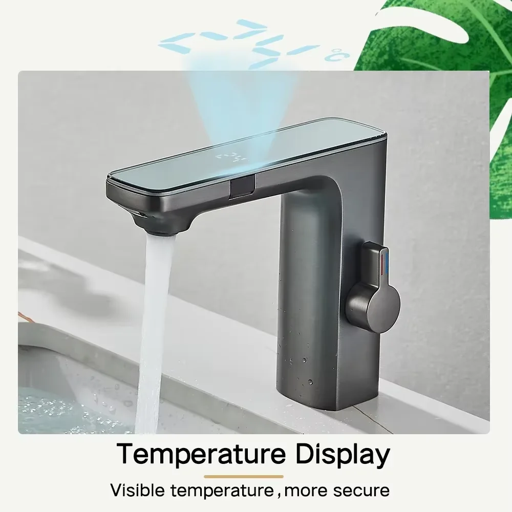 Touchless Sensor Tap Basin Faucet Brass Smart Digital Display Bathroom Sink Faucet Hot Cold Water Mixer Tap Battery Power