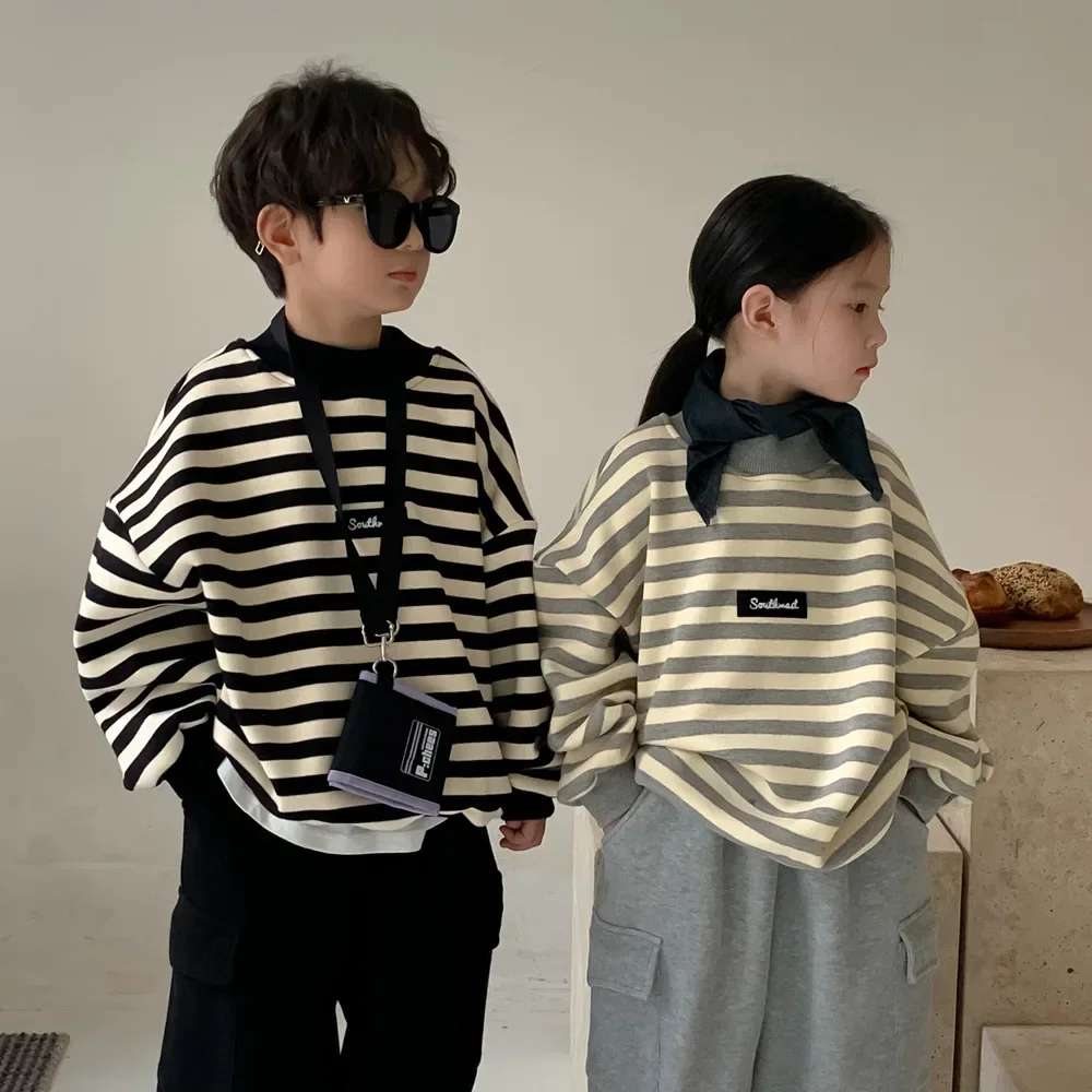 2024 New Winter Kids Hoodie fleece lining fashion striped O-Neck sweatshirts for Boys Girls thick warm bottoming Tops